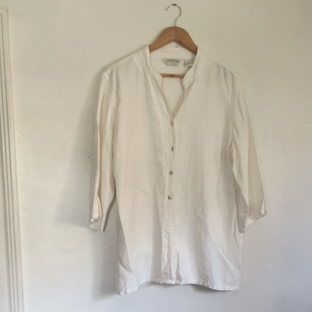 Orvis 100% Linen Cream White Quarter Sleeve Button Down Shirt Sz 18 Women